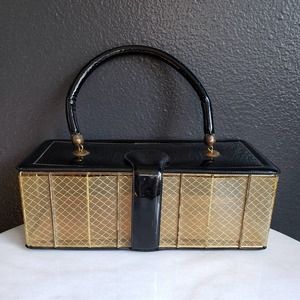 1950s Black and Gold Fishnet Vinyl Hand Bag Box Purse Vintage